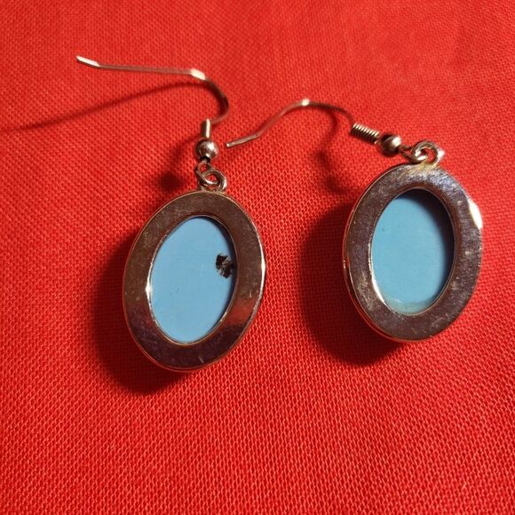 Faux "Sleeping Beauty" Turquoise Acrylic Cabochon Dangle Earrings - Picture 3 of 7